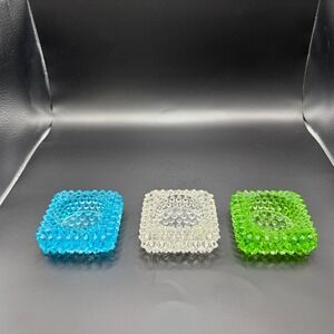 Vintage Fenton Hobnail Glass Salt Cellar Set Blue Clear Green Square 3 pc